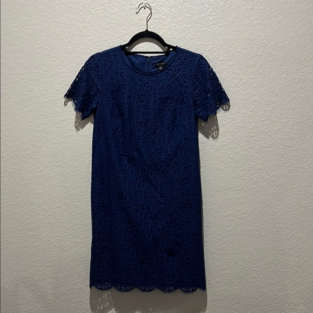 Ann Taylor Lace Shift Dress Size 0 Navy Blue Party weddings Short Sleeve TC0824